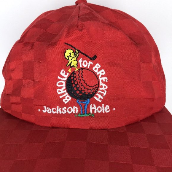 Vintage Red Checkered Jackson Hole Wyoming Birdie for Breath Golf Snapback Hat - Picture 2 of 8